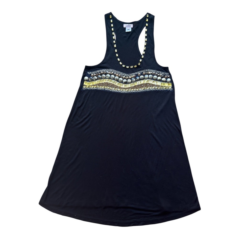 Lotta Stensson Black Embellished Racerback Tank Dress Gold Beaded Studded Small